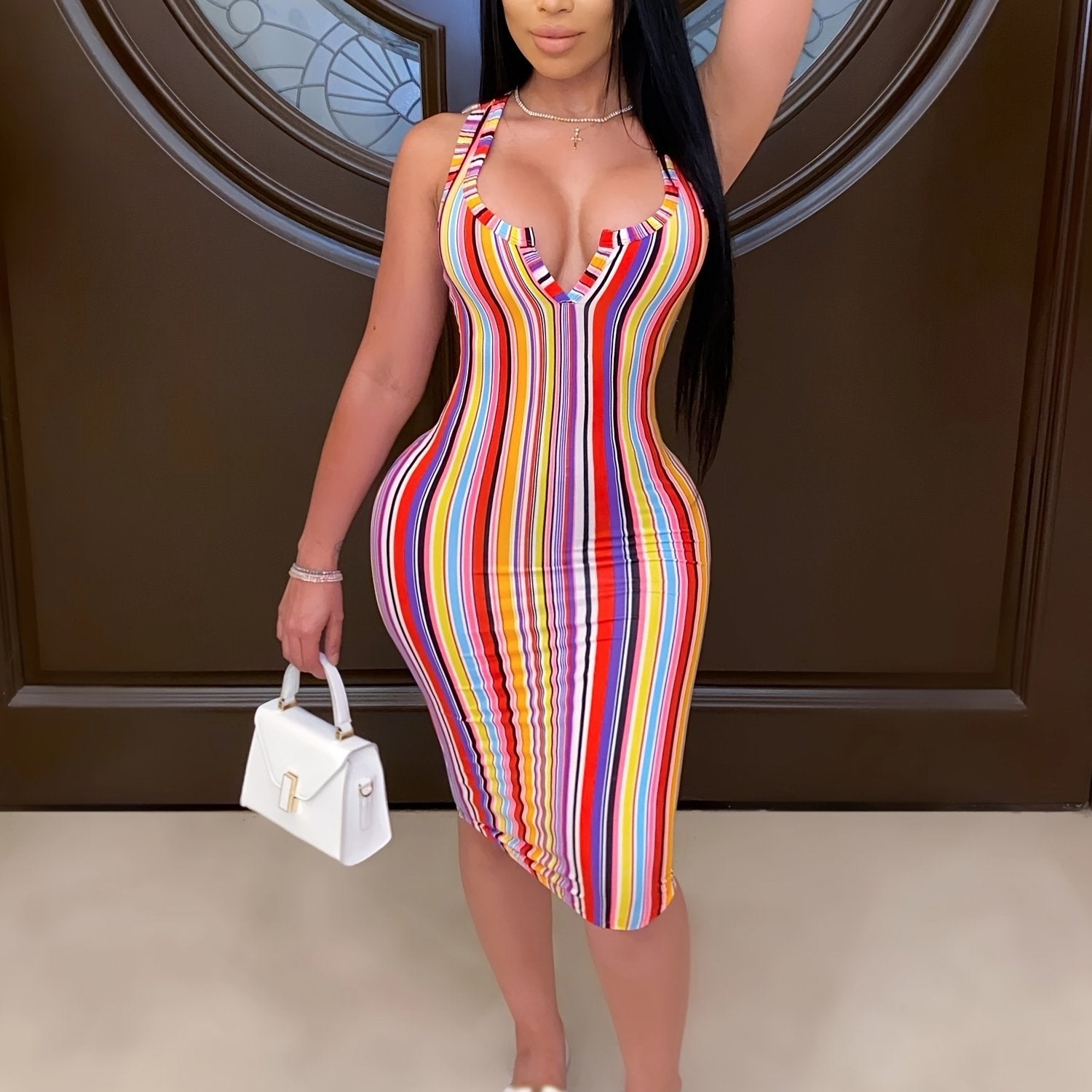 Random Print Striped Bodycon Dress, Sexy Sleeveless V-neck Stretchy Knee Length Dress, Women's Clothing