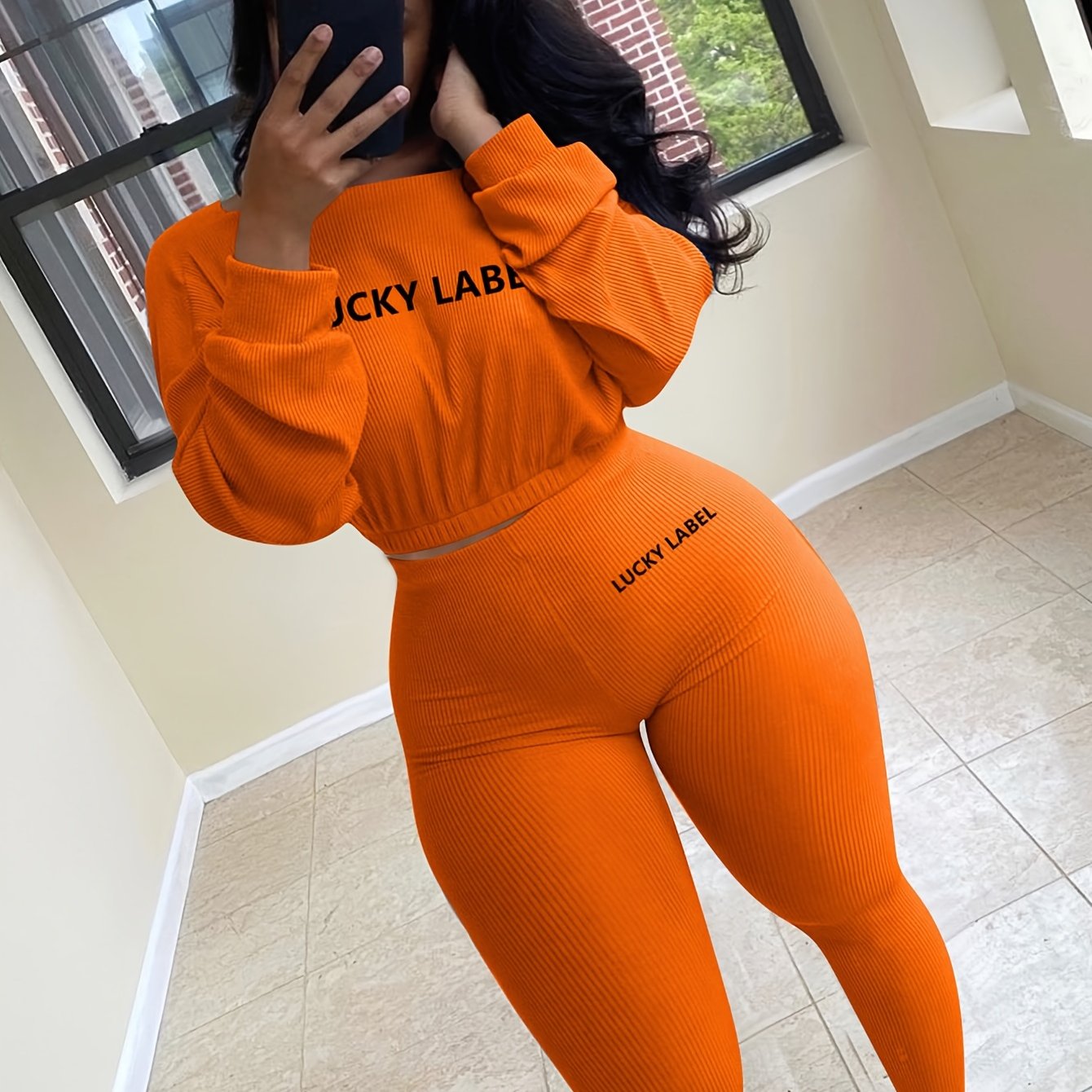 [Women's Sweatshirt Set] Letter Embroidery Women's Two Piece Ribbed s Fall Spring Long Sleeve Sweatshirt and Skinny Pants Set