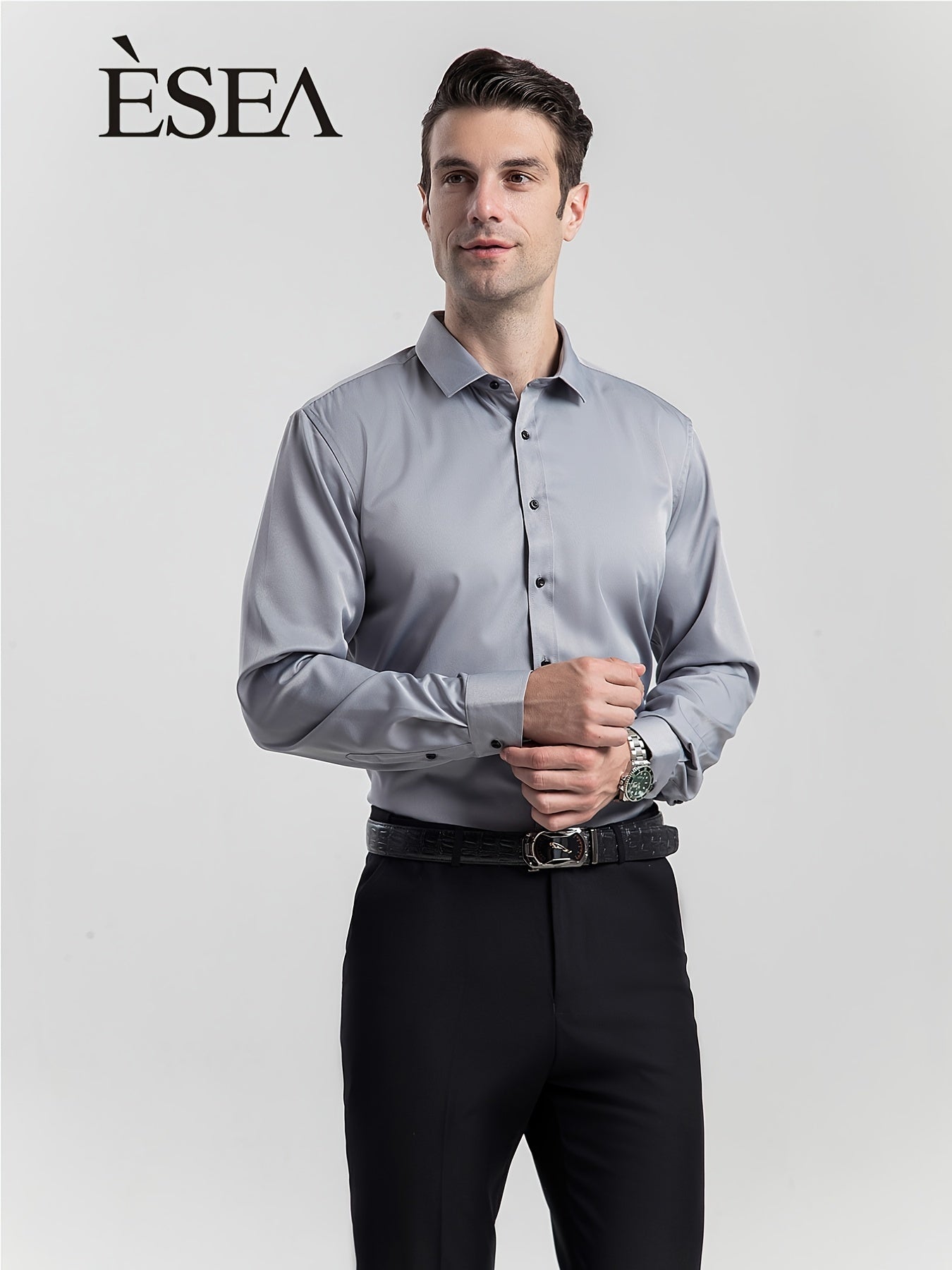 Men'S Slim-Fit Stretch Formal Shirt, Light Business Lapel Long Sleeve Shirt, Men'S Business Shirt Wrinkle-Resistant and Durable Solid Color Formal Long Sleeve Shirt with Buttons and Pockets Suitable for Work, Commuting, Datin