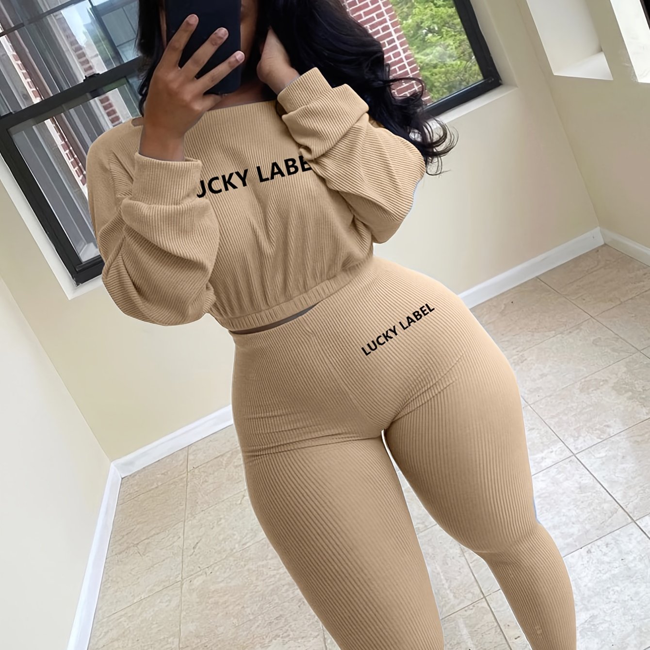 [Women's Sweatshirt Set] Letter Embroidery Women's Two Piece Ribbed s Fall Spring Long Sleeve Sweatshirt and Skinny Pants Set