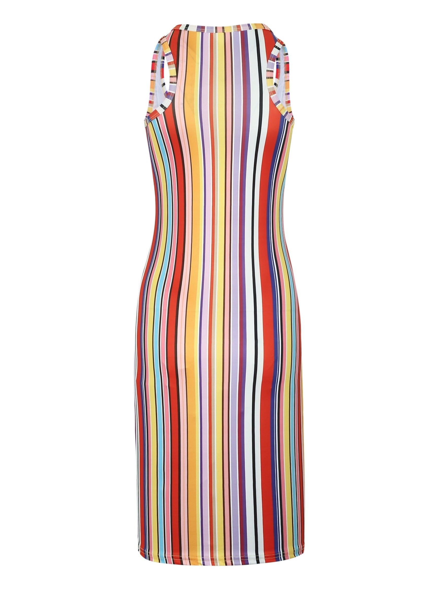 Random Print Striped Bodycon Dress, Sexy Sleeveless V-neck Stretchy Knee Length Dress, Women's Clothing