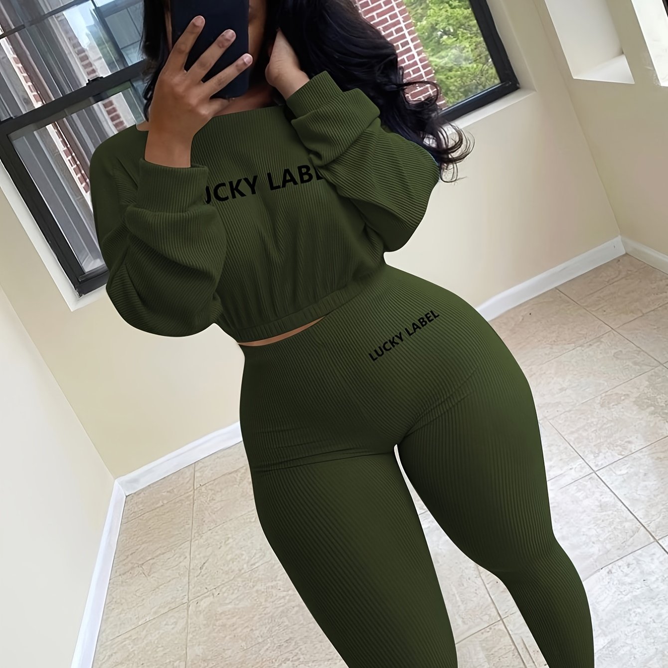 [Women's Sweatshirt Set] Letter Embroidery Women's Two Piece Ribbed s Fall Spring Long Sleeve Sweatshirt and Skinny Pants Set