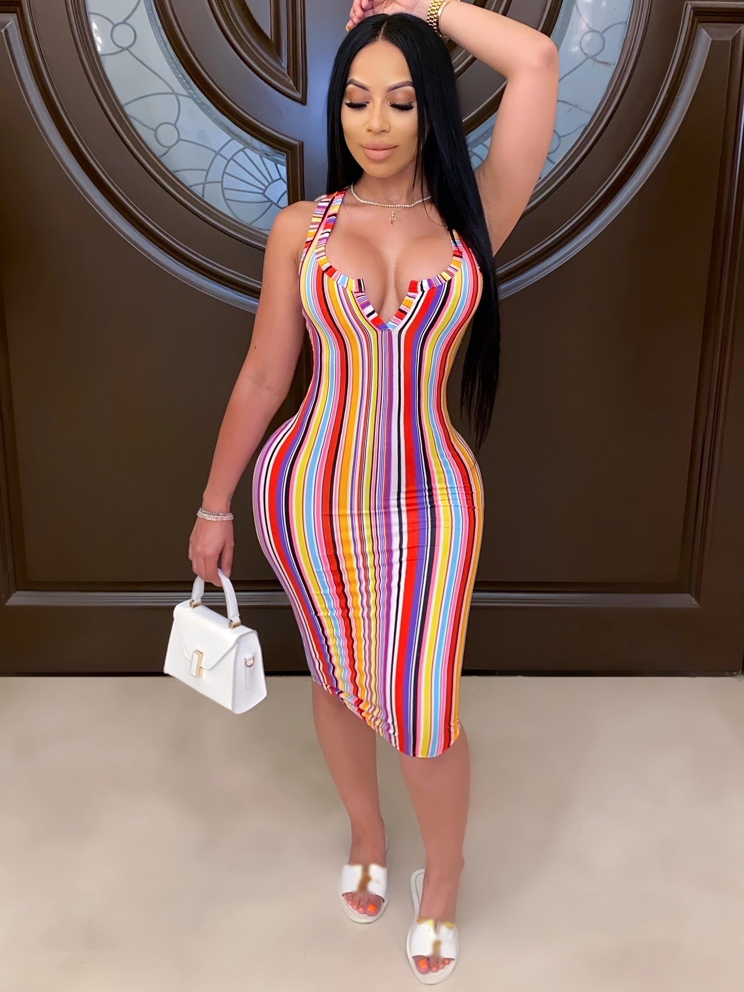 Random Print Striped Bodycon Dress, Sexy Sleeveless V-neck Stretchy Knee Length Dress, Women's Clothing