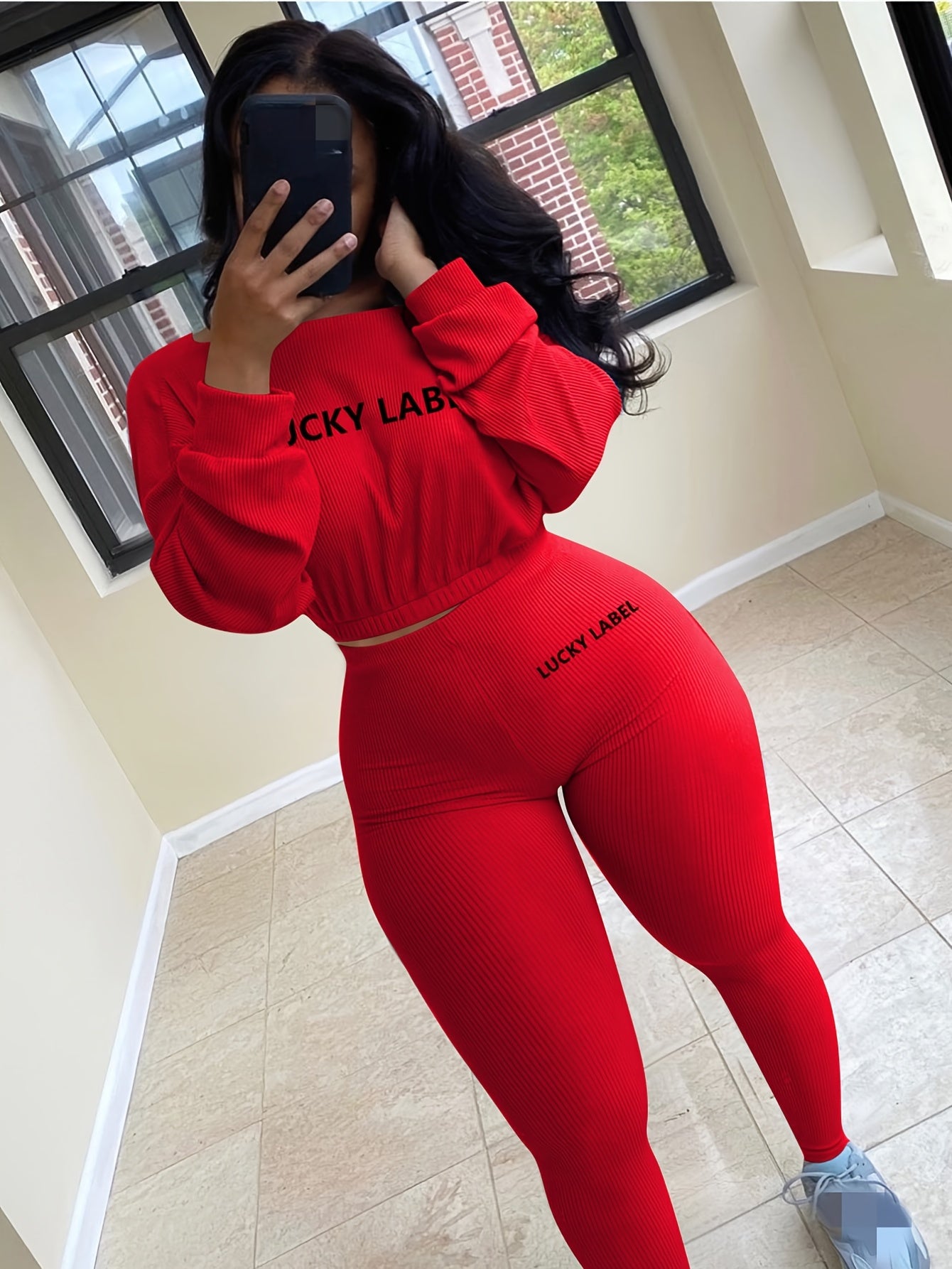 [Women's Sweatshirt Set] Letter Embroidery Women's Two Piece Ribbed s Fall Spring Long Sleeve Sweatshirt and Skinny Pants Set