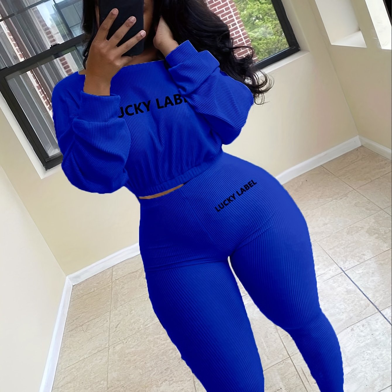 [Women's Sweatshirt Set] Letter Embroidery Women's Two Piece Ribbed s Fall Spring Long Sleeve Sweatshirt and Skinny Pants Set