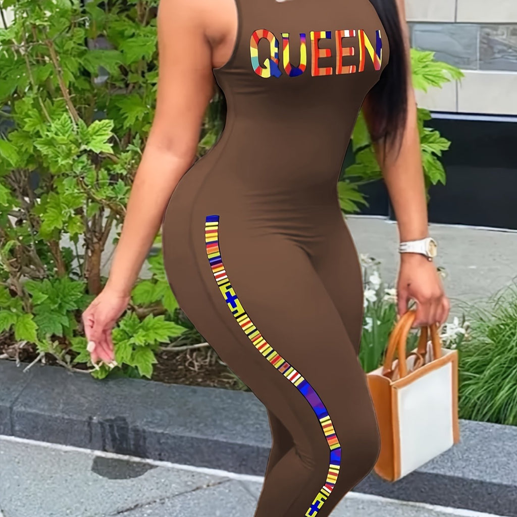 Queen Letter Print Tank Jumpsuit, Slim Solid Casual Jumpsuit For Spring & Summer, Women's Clothing