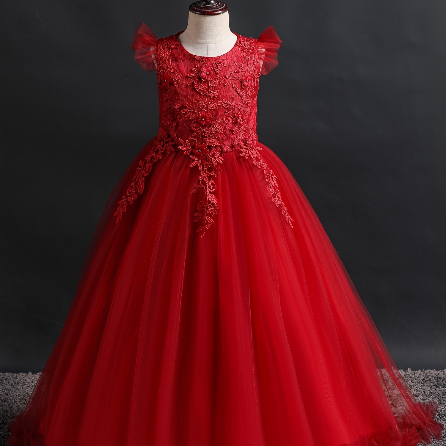 Girls Formal Maxi Dress Wedding Pageant Party Princess Communion With Floral Embroidery, Vintage Lace Dance Gown