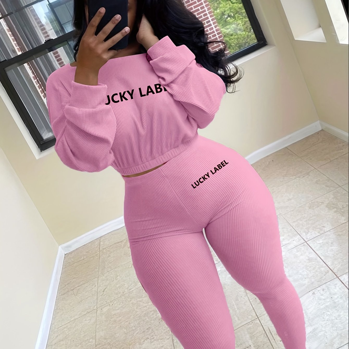 [Women's Sweatshirt Set] Letter Embroidery Women's Two Piece Ribbed s Fall Spring Long Sleeve Sweatshirt and Skinny Pants Set