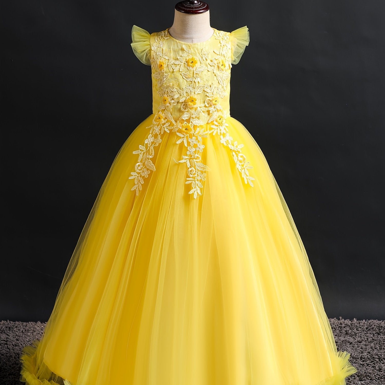 Girls Formal Maxi Dress Wedding Pageant Party Princess Communion With Floral Embroidery, Vintage Lace Dance Gown