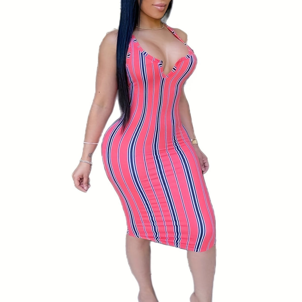 Random Print Striped Bodycon Dress, Sexy Sleeveless V-neck Stretchy Knee Length Dress, Women's Clothing