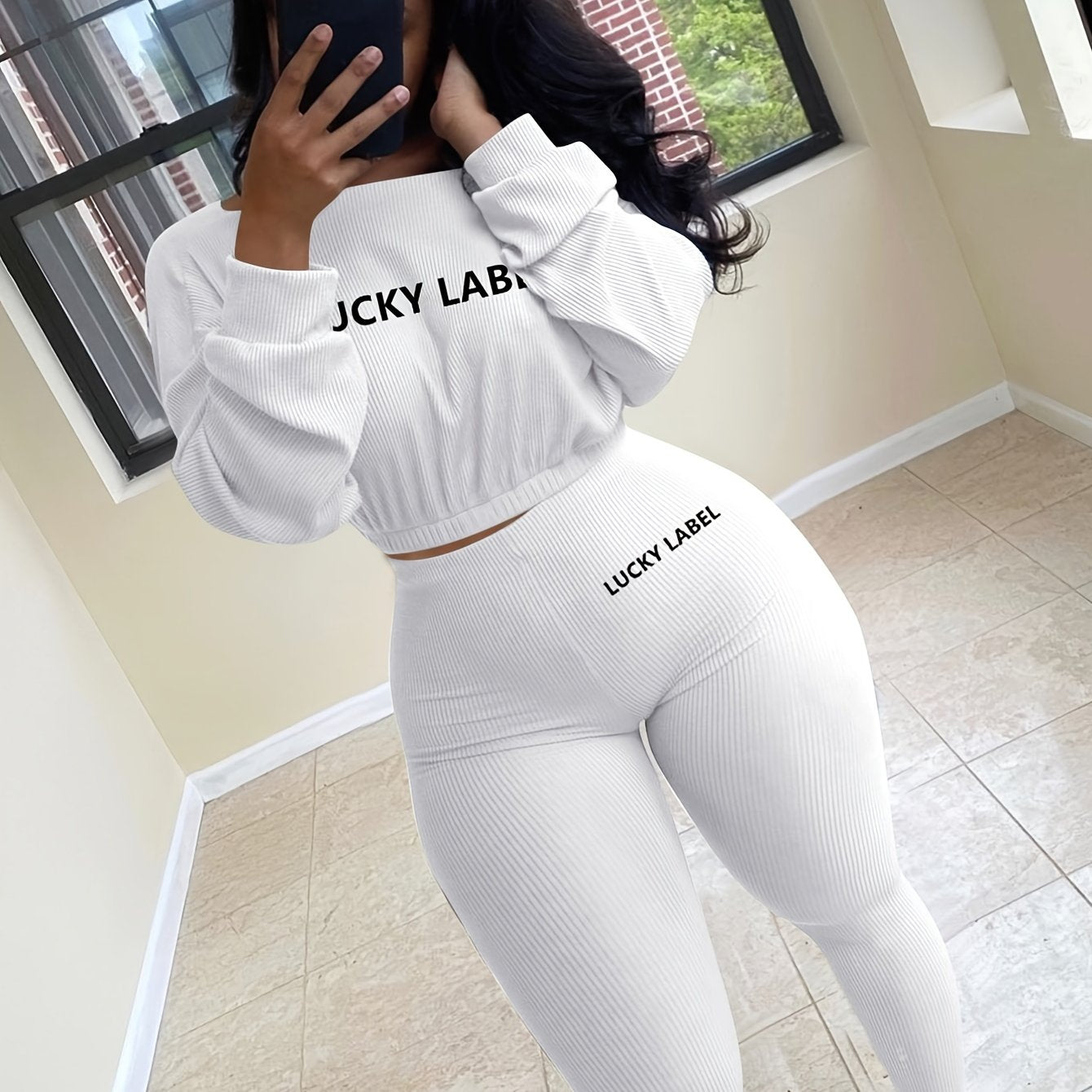 [Women's Sweatshirt Set] Letter Embroidery Women's Two Piece Ribbed s Fall Spring Long Sleeve Sweatshirt and Skinny Pants Set