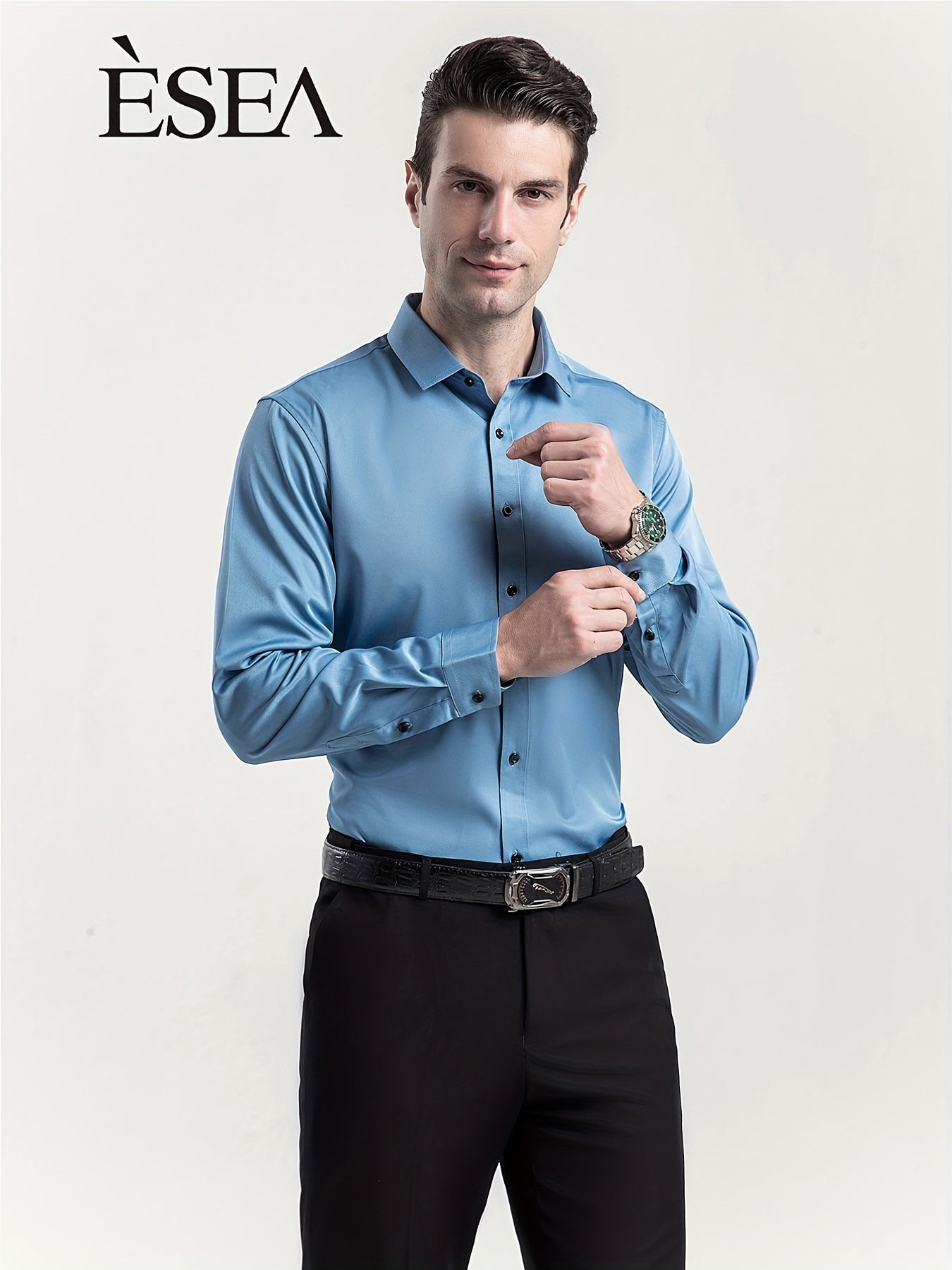 Men'S Slim-Fit Stretch Formal Shirt, Light Business Lapel Long Sleeve Shirt, Men'S Business Shirt Wrinkle-Resistant and Durable Solid Color Formal Long Sleeve Shirt with Buttons and Pockets Suitable for Work, Commuting, Datin