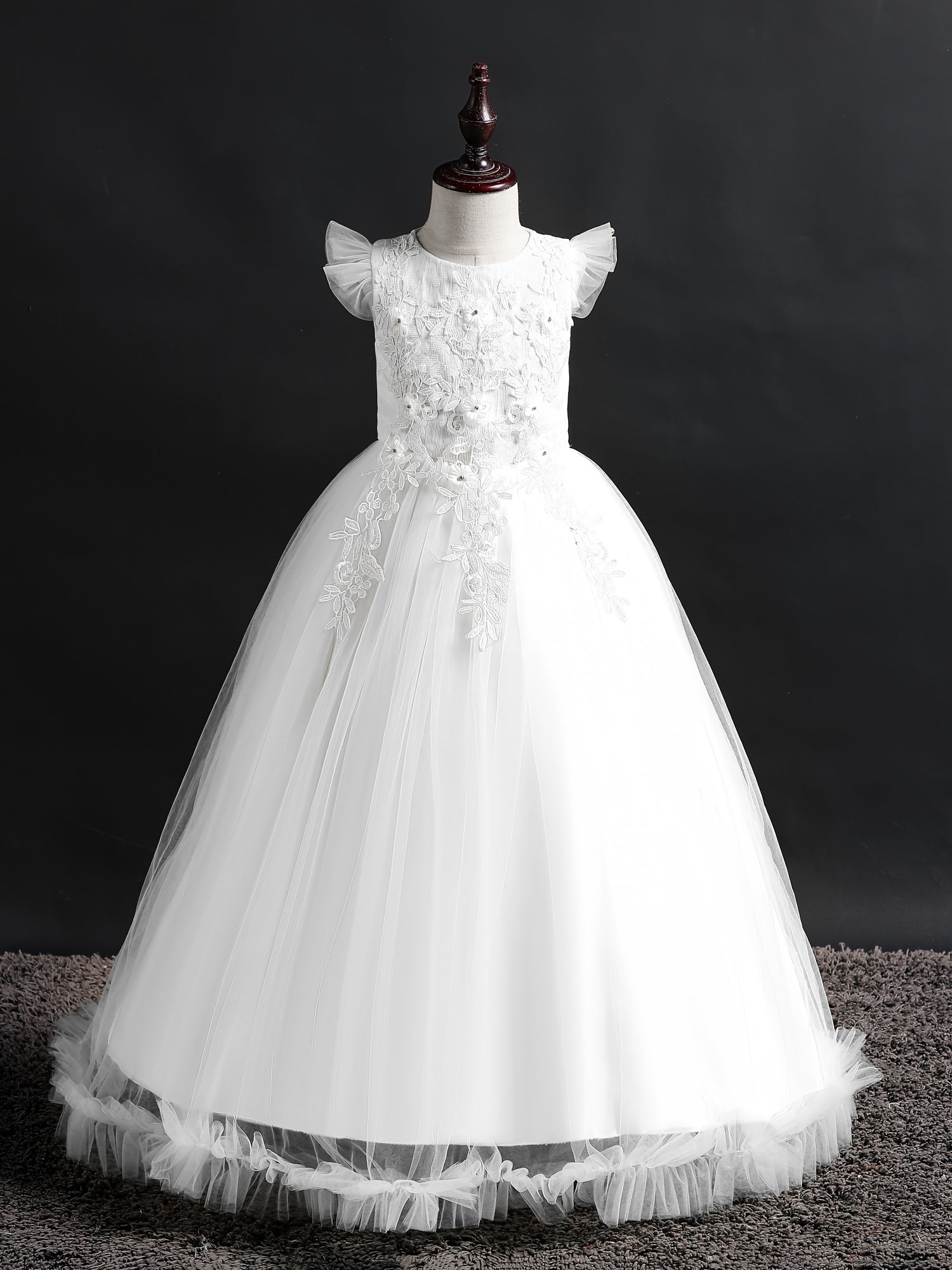 Girls Formal Maxi Dress Wedding Pageant Party Princess Communion With Floral Embroidery, Vintage Lace Dance Gown