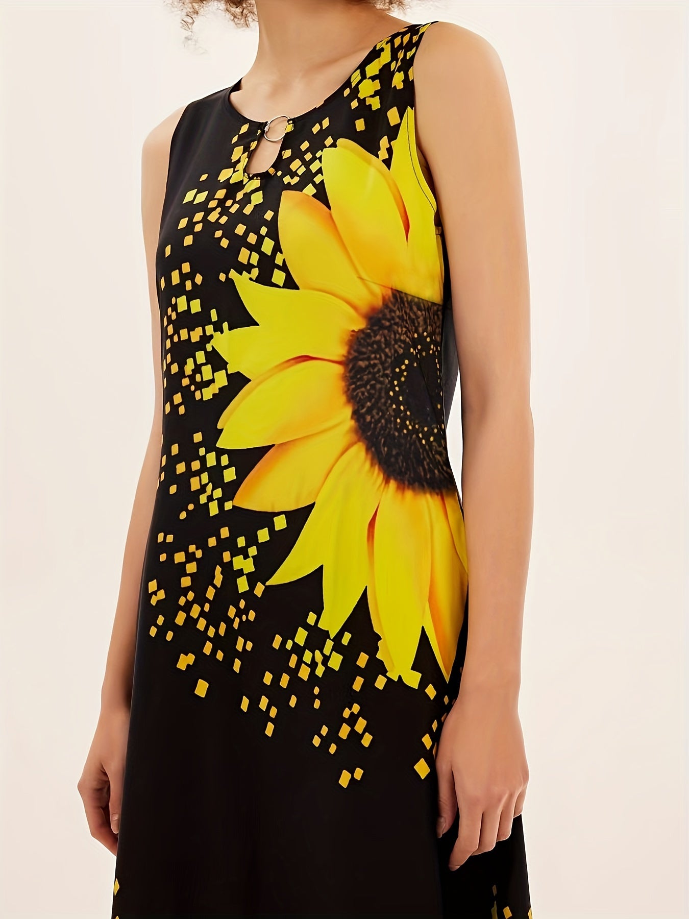 [Casual Keyhole Dress] Elegant Casual Sunflower Print Keyhole Dress | Women's Maxi Sleeveless Crew Neck Dress With Pocket