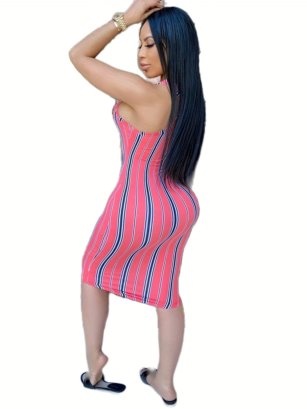 Random Print Striped Bodycon Dress, Sexy Sleeveless V-neck Stretchy Knee Length Dress, Women's Clothing
