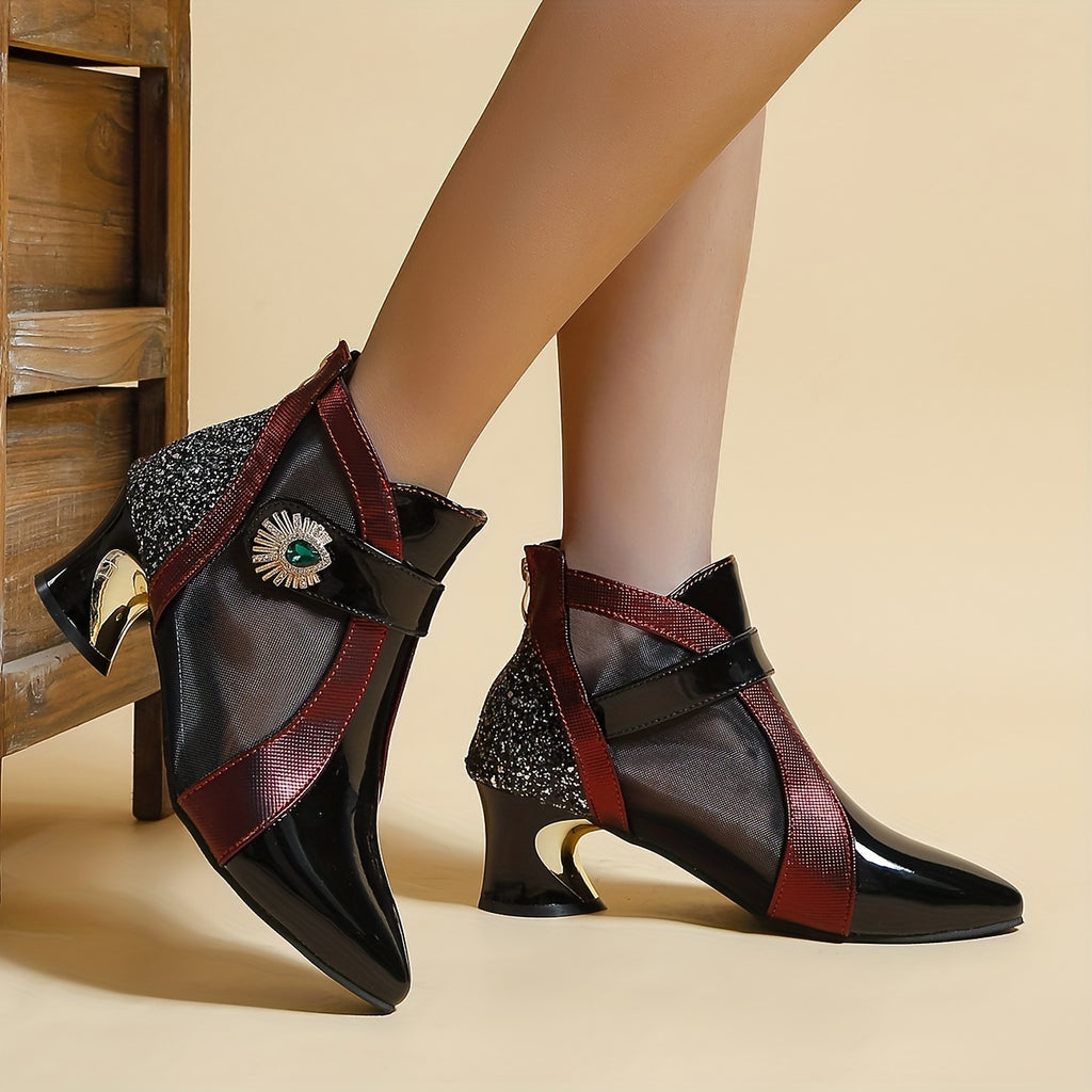 Women's Rhinestone Mesh Ankle Boots with Pointed Toe, Fashionable Short Boots