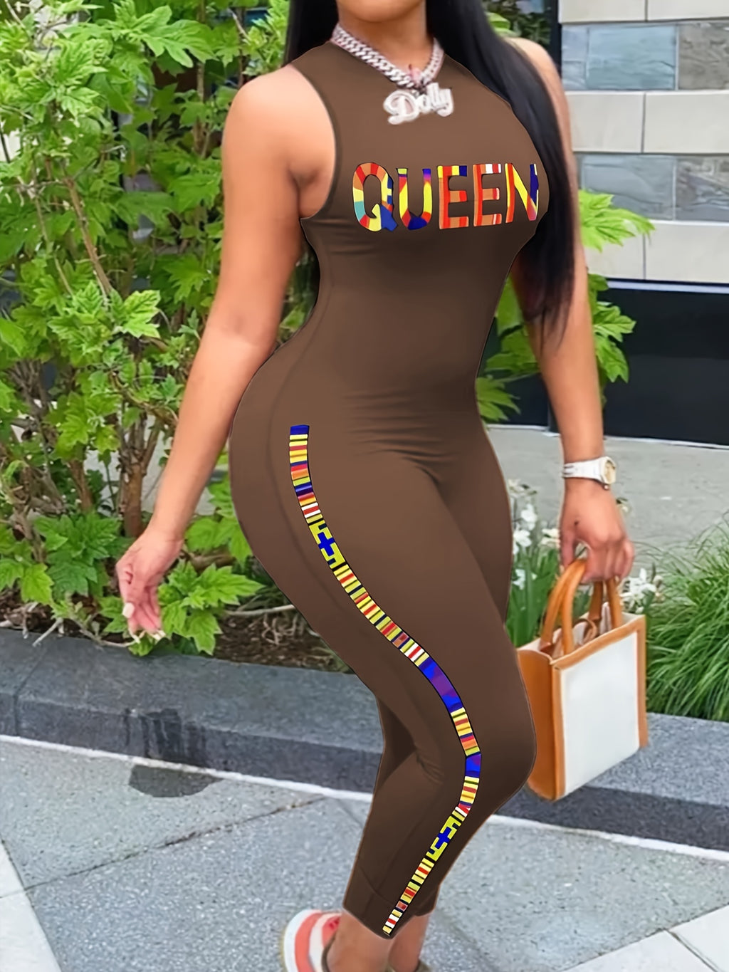 Queen Letter Print Tank Jumpsuit, Slim Solid Casual Jumpsuit For Spring & Summer, Women's Clothing