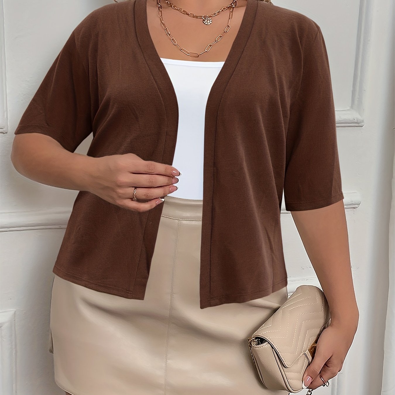 Plus Size Elegant Cardigan, Women's Plus Basic Half Sleeve Slight Stretch Cardigan