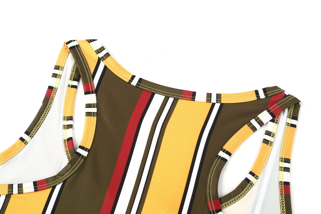 Random Print Striped Bodycon Dress, Sexy Sleeveless V-neck Stretchy Knee Length Dress, Women's Clothing