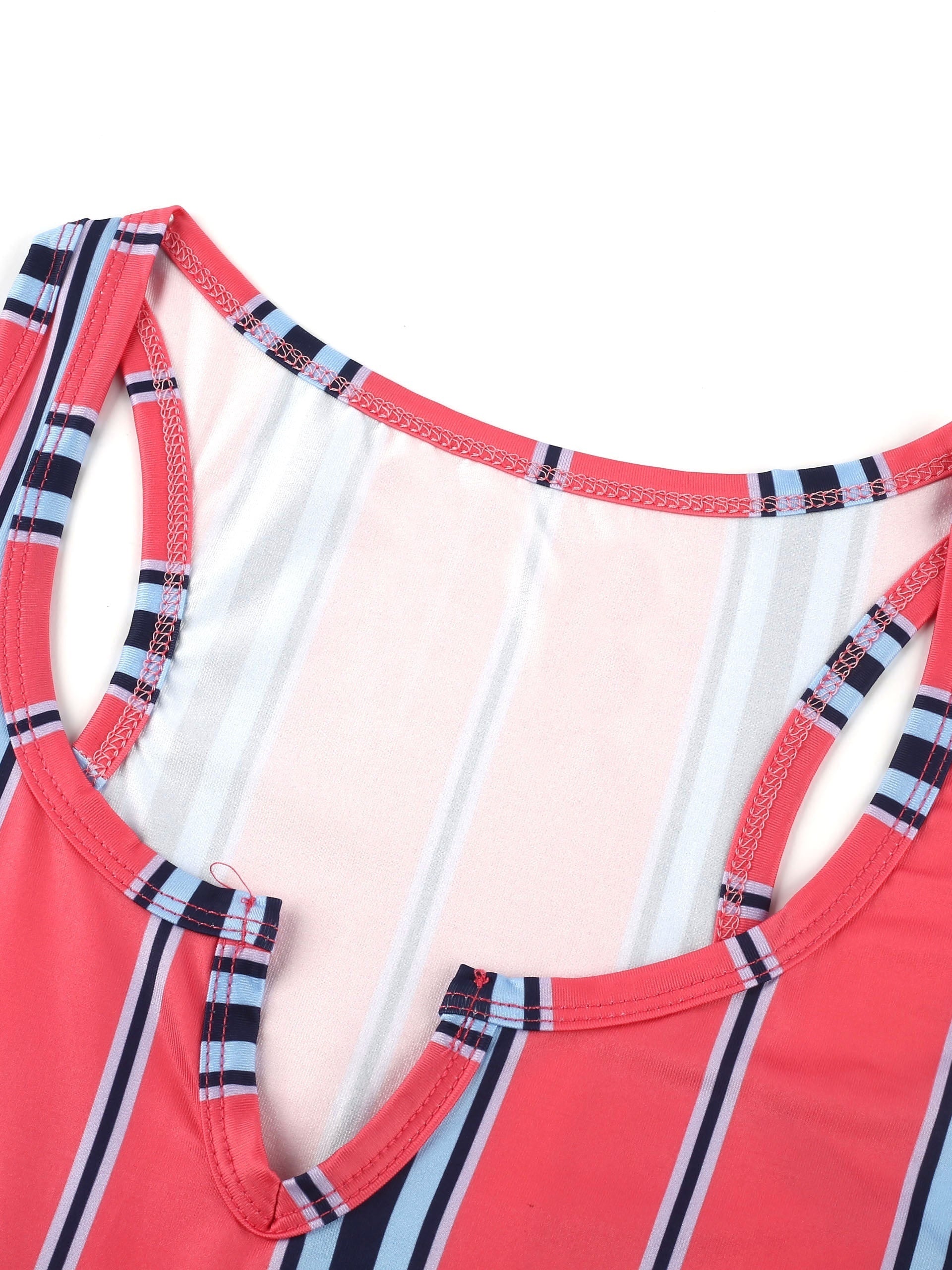 Random Print Striped Bodycon Dress, Sexy Sleeveless V-neck Stretchy Knee Length Dress, Women's Clothing