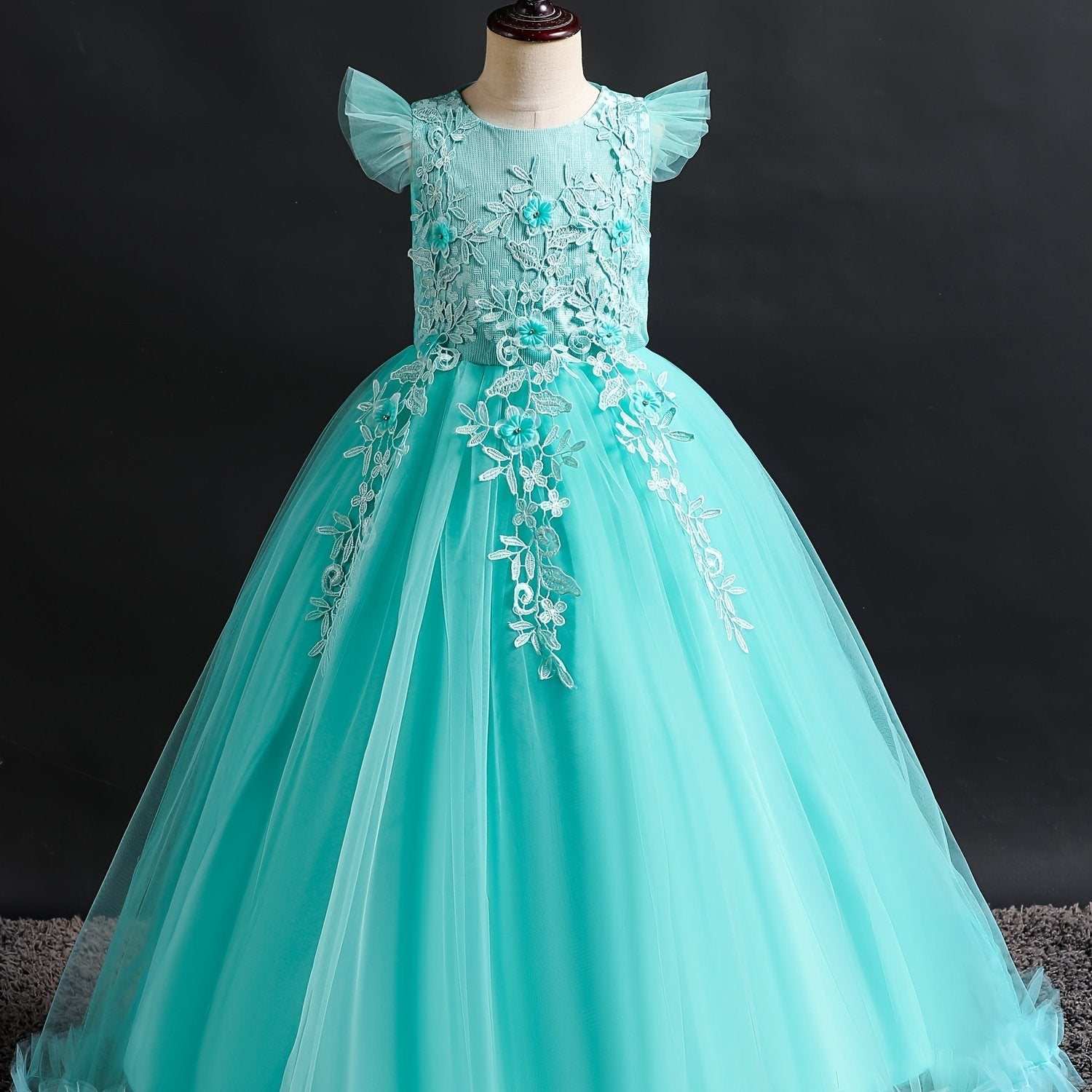 Girls Formal Maxi Dress Wedding Pageant Party Princess Communion With Floral Embroidery, Vintage Lace Dance Gown